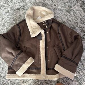 Brown and Cream Puffer Jacket with Shearling Accents